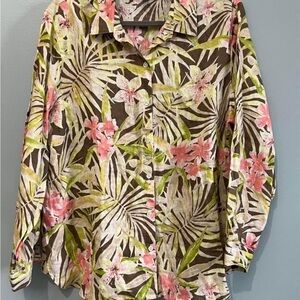 J Jill Love Linen Floral Button Down Long Sleeve Blouse L